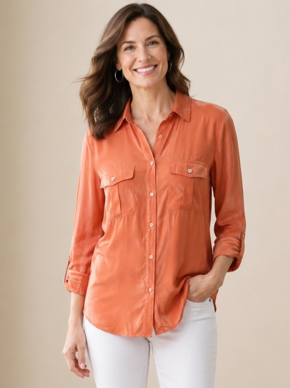 Chico’s Coral Orange Modal Button-Up Blouse Size 1